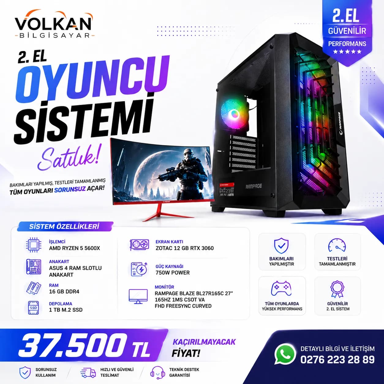 Ryzen 5 5600x - 12 GB  RTX 3060 - 16Gb Ram - 1 TB M2 SSD  RAMPAGE 27" CURVED 165 HZ FULL HD MONITORLÜ 2. EL OYUNCU BİLGİSAYARI - Görsel 1