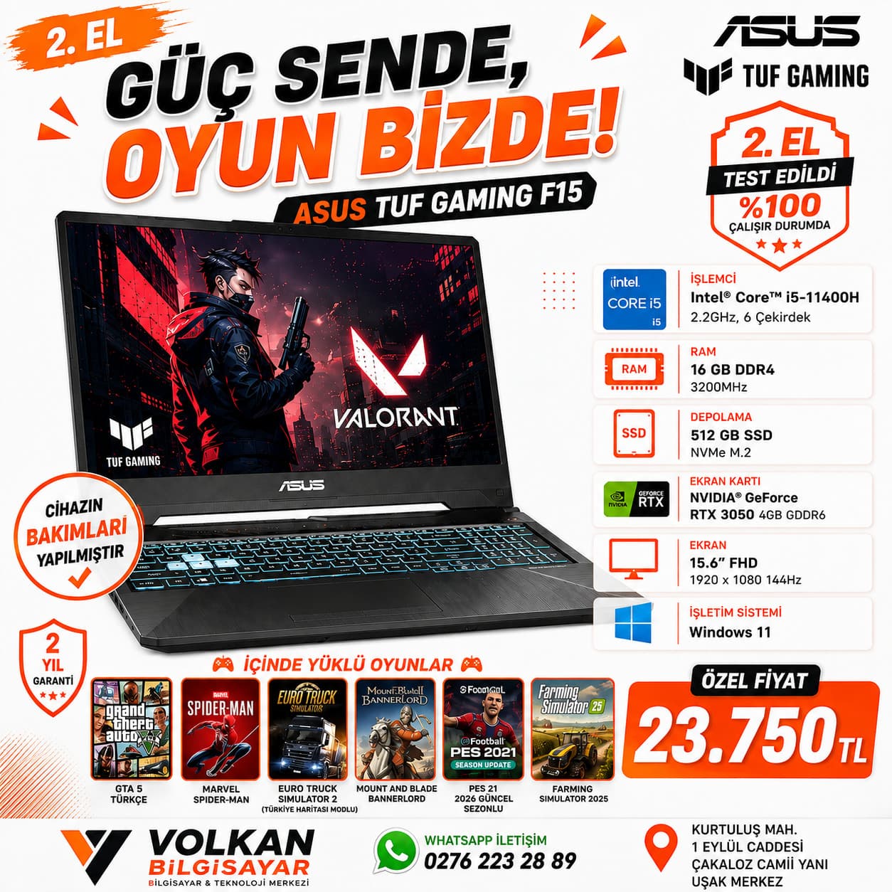 Asus TUF Gaming F15 FX506HC-HN409 i5-11400H 8 GB 512 GB SSD RTX3050 15.6" Full HD Gaming Laptop 2. EL - Görsel 1